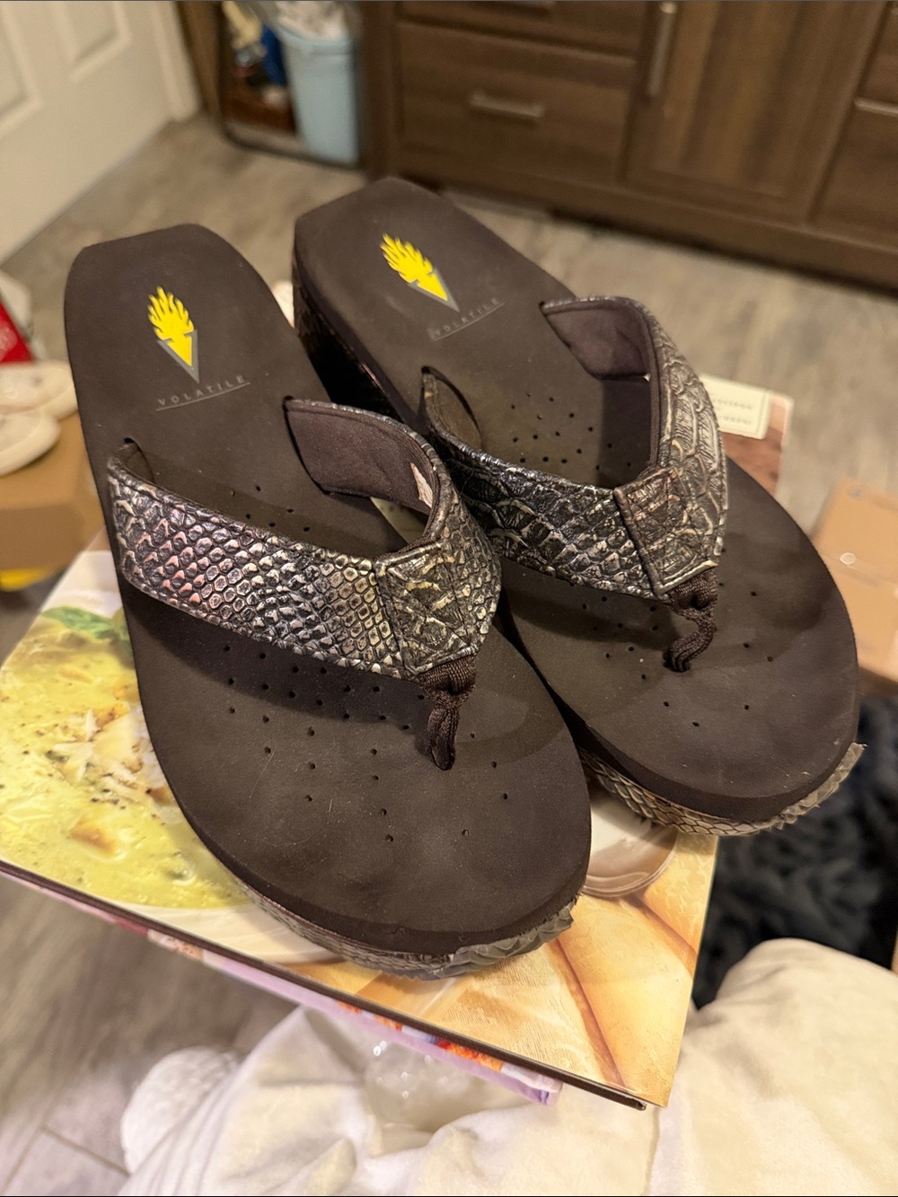 Volatile Brown Snake-Print Platform Flip Flops
